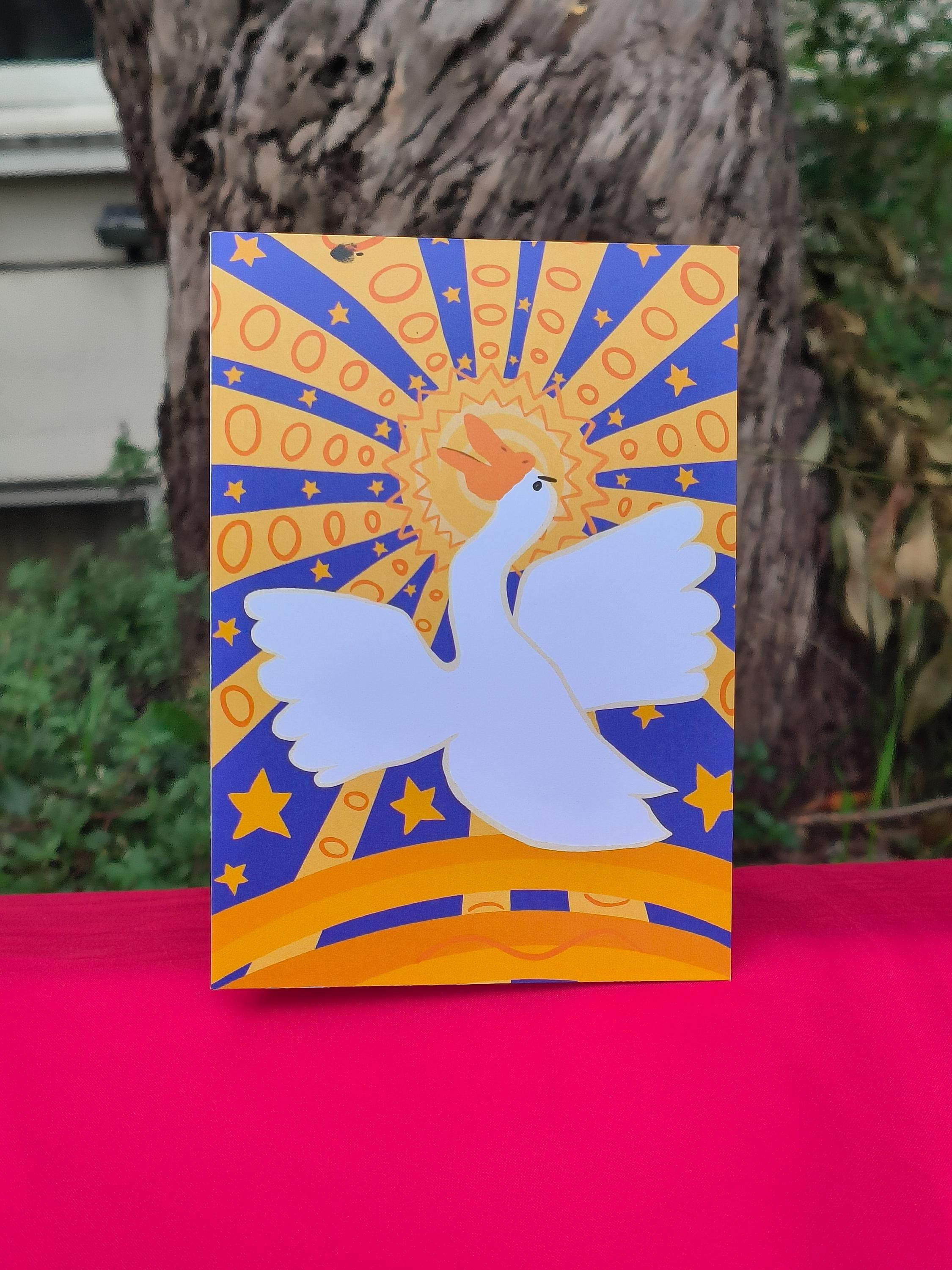 Celestial Goose Greeting Card – Whimsical Bright Art Design with Stars and Sunburst