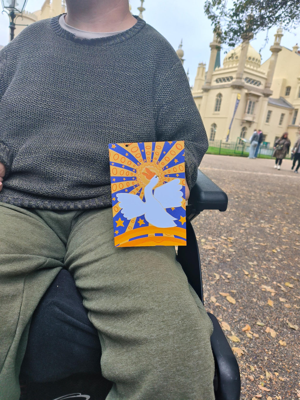 Celestial Goose Greeting Card – Whimsical Bright Art Design with Stars and Sunburst