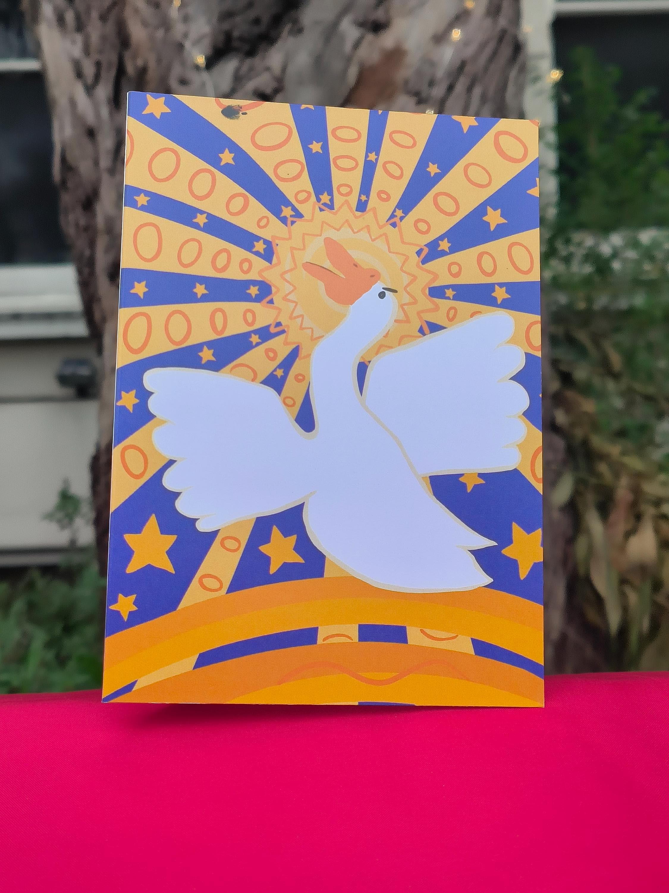 Celestial Goose Greeting Card – Whimsical Bright Art Design with Stars and Sunburst